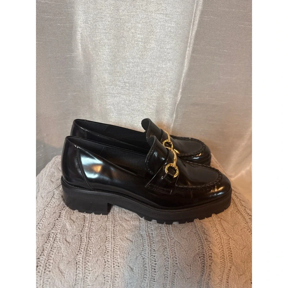J McLaughlin Black Patent Leather Loafers‎ Gold Buckle Chunky Platform Women 7